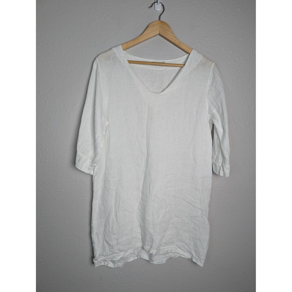 Alessia Pacini Blouse Womens S White Linen Tunic V-Neck‎ 3/4 Sleeve Relaxed Fit